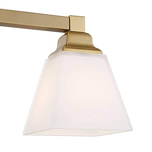 Image of Mencino 20 inch Warm Brass and Opal Glass Modern Bath Wall 3-Light Fixture | Mount Gold Metal Hardwired Wide Vanity Etched White Shades for Bathroom Over Mirror House Home Room Decor