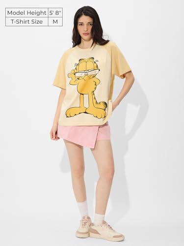 Image of The Souled Store Garfield: Purrfectly Lazy Women and Girls Short Sleeves Round Neck Yellow Graphic Printed Cotton Oversized T-Shirts