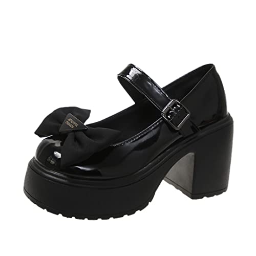 Image of Women's Platform Mary Janes Heart Cat Buckle Rivets Ankle Lolita Gothic Princess Platform Pumps Patent Leather Thorn Vintage Traditional Embroidery Upper Dress Shoes