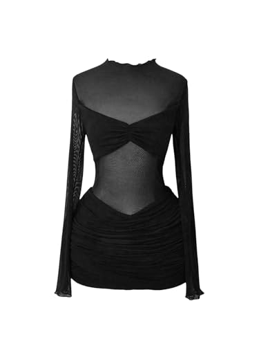 MakeMeChic Women's Mesh Sheer Cocktail Dress Y2K Long Sleeve Mock Neck Bodycon Club Mini Dresses Concert Outfits Black Small