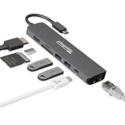 Plugable 7-in-1 USB C Hub Multiport Adapter with Ethernet - Compatible with Mac, Windows, Chromebook, Dell XPS and Thunderbolt 3 (87W Charging, Gigabit Ethernet, 4K HDMI, 2X USB, SD/microSD)