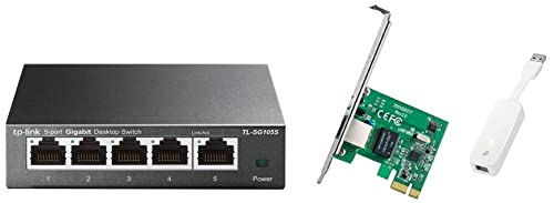 Image of TP-Link TL-SG105S 5-Port Desktop Gigabit Ethernet Switch /Hub & TG-3468 Gigabit PCI Express Network Adapter - Green & TP-Link UE300 USB 3.0 to RJ45 Gigabit Ethernet Network Adapter - Plug and Play