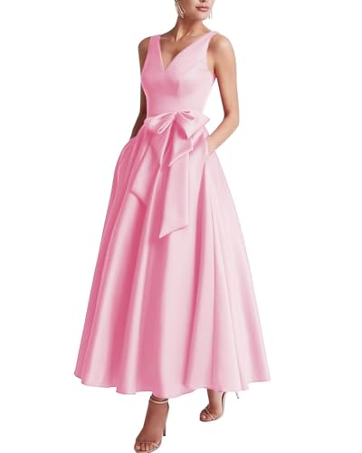 SHANDUAO Bow Satin Mother of The Bride Dresses 2025 Tea Length V Neck Formal Mother of The Groom Dress for Women ZM028