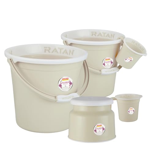 Image of RATAN PLASTICWARE Plastic Bathroom Set of 5 Pieces Combo Pack Gloria Plain 18 Liters & 20 Liters Bucket + Nova Stool Patla 107 + Two Gloria Plain Bath Mug 1 Liter Color Twist Beige