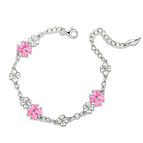 Image of JIANGXIN Lucky Four leaf clover 925 Sterling Silver Birthstone Chain Link Bracelet for Women Gemstone Jewelry Shamrock Birthday Gift 16+4cm