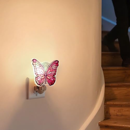 Image of Pink Butterfly Night Light - Stained Glass Styled Plug-in Wall Light for Vertical Outlets - Real Glass, Warm Glow for Bedroom, Bathroom, Hallway - Gift for Butterfly Lovers