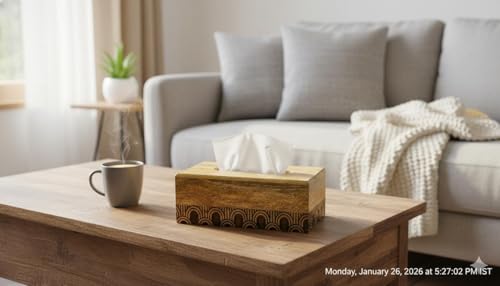 Image of WOOD ART STORE Wooden Tissue Box - Decorative Wood Tissue Holder for Home, Office, Car - Handmade Tissue Dispenser with Fine Engraving Works Size-9x5x3 Inhces (Natural Wood)
