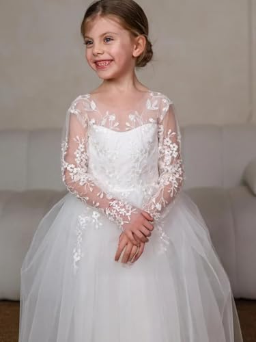 Lace Applique Flower Girl Dress for Wedding Tulle Long Sleeves Bow Knot V-Back Satin Crew Neck Party Ball Gowns4