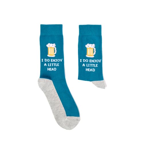 Urban Eccentric I Do Enjoy a Little Head – Funny Beer Socks | Unisex Novelty Gift for Beer Lovers | Blue & Grey Crew Socks