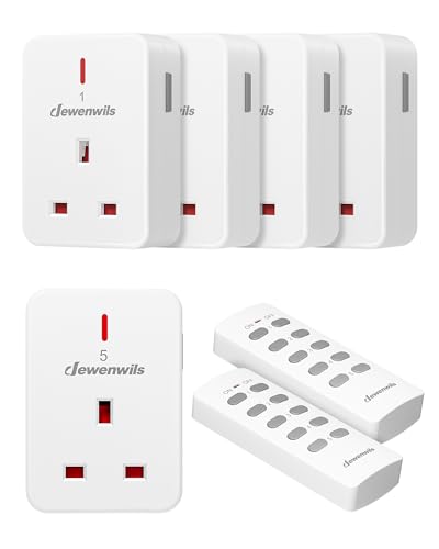 DEWENWILS Remote Control Plug Socket, 13A/3120W Heavy Duty Wireless Light Switch, 30m/100ft Long Range, Programmable, 5 Pack Sockets and 2 Remotes