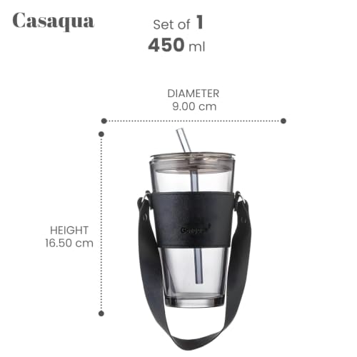 Image of Glass Tumbler with Lid & Straw - 450ml, Set of 1, Iced Coffee Cup, Clear Drinking Glass with Silicone Grip Sleeve, Leak-Resistant Lid, Travel Tumbler for Coffee, Tea, Office Use
