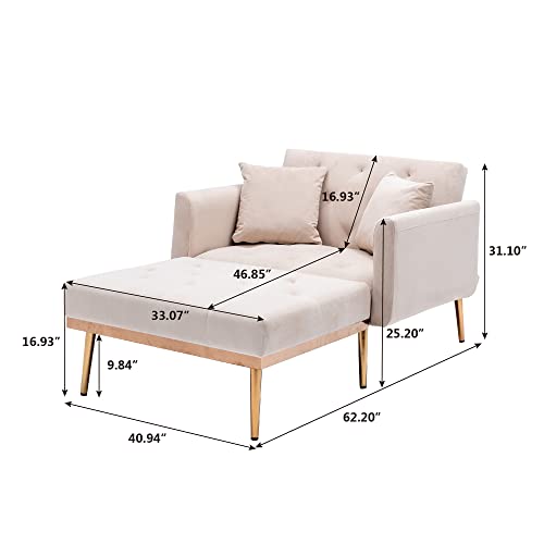 PHOYAL Velvet Chaise Lounges,Modern Tufted 2 in 1 Chaise Lounge Chair Indoor,Upholstered Sofa Recliner Lounge Chair with 3 Adjustable Angles, Convertible Sleeper Chair for Living Room Bedroom(Beige)