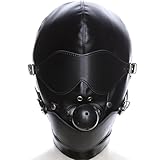 Bdsm Maske Schwarz verstellbar Full Face mit Mundknebel Ø4,5 cm und Augenbinde Kopfmaske Leder für Paare Männer Frauen Atmungsaktiv verstellbar hinten Fetisch Bondage Fetish Ballknebel FOPS B23-7