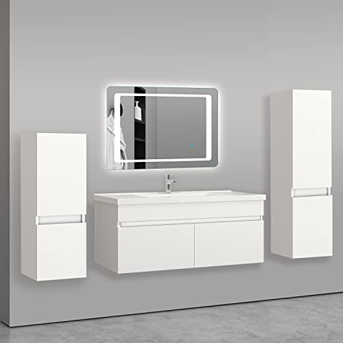 AICA sanitaire Ensemble de Meuble Salle de Bain Blanc Clair 99cm+Vasque+Miroir+Colonne Meuble Salle de Bain-Armoire de Rangement-Meubles-lavabos