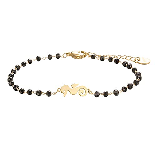 CHOUDOUFU Estatua Escultura Adorno Pulseras con Dijes De Acero Inoxidable con Trébol De Oro Rosa, Pulsera De Cadena con Cuentas De Cristal Negro para Mujer, Joyería Cover