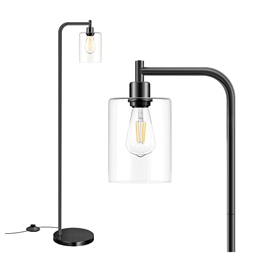 Industrial Floor Lamp with Hanging Glass Shade Black Farmhouse Indoor Pole Light with Edison E26 Base Vintage Rustic Standing Tall Lighting for Living Room Bedroom Office(ST64 Bulb Included)