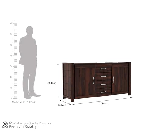 Image of Solid Sheesham Wood Wooden Sideboard Storage Cabinet & Chest of Drawer : Ideal for Living Room and Bedroom with 4 Drawers and 4-Shelf Storage (Chevalier, Walnut Finish)