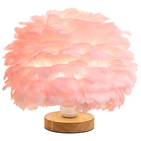 Pink Feather Table Lamp Bedside Lamp with Wooden Base Feather Table Light Desk Lampshade for Bedroom Lamp, Decorative Lamp, Living Room Cover