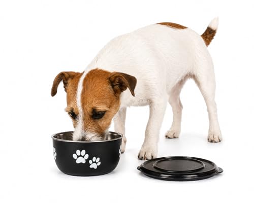 ciotole per cani - Kena nero & argento con coperchio - taglia S - acciaio inox - per crocchette cane - 600 ml