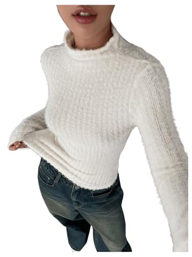 Image of OYOANGLE Women's High Neck Long Sleeve Fuzzy Sweater Ribbed Knit Slim Fit Pullover Tops
