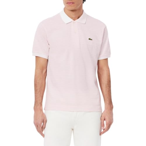 Lacoste Men's Classic Fit L.12.12 Striped Petit Piqué Polo Shirt, White & Flamingo, X-Large