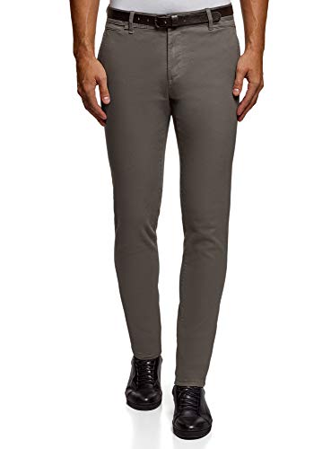 oodji Ultra Hombre Pantalones de Algodón con Cinturón, Gris, 42
