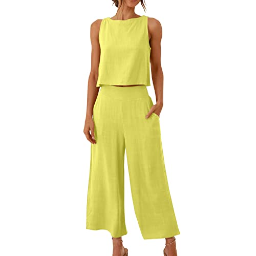 SMIDOW womens 2 piece outfits casual Summer Vacation 2 Piece Outfits For Women 2024 Sleeveless Crop Top Capri Wide Leg Pants Matching Lounge Set Linen Sets 2 piece sets for women casual Yellow 2X