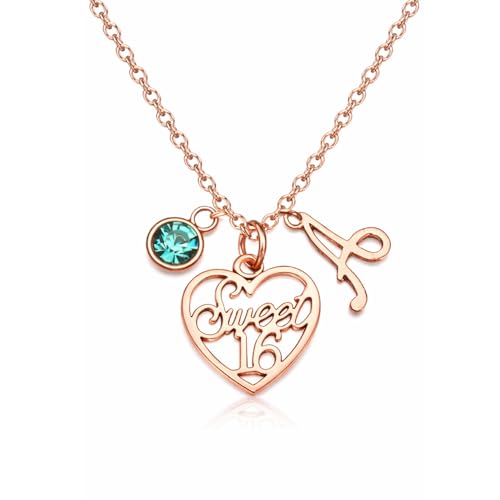 Infinity Collection Sweet 16 Necklace for Girls with Initial and Birthstone, Personalized Sweet 16 Birthday Gift Necklace, Sweet Sixteen Jewelry Gift for Daughter Granddaughter Teen Girl
