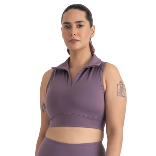 Image of HUNNIT 2 in 1 Sports Bra Crop Top - women's Polo Neck and Racerback styles with Medium Coverage, Lightly Padded, Stretchy Sports Bra perfect for Gym Workout and Sweat Wicking Fabric