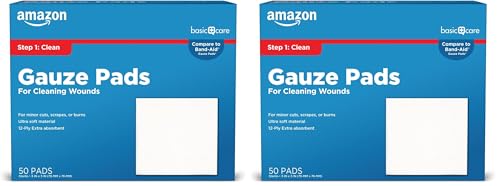 Image of Amazon Basic Care Gauze Pads, 3x3 inches Sterile Medical Wound Dressing Sponges for Cleaning, Covering, & Cushioning Cuts & Minor Injuries, (Previously All Health) (Pack of 2)