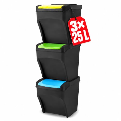 Plana Practic Mülleimer Küche 3 Fächer, Stapelbar, Mülltrennsystem 3 x 25 L