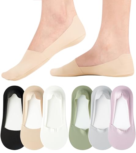 Image of floconssy No Show Socks Womens Nylon Non Slip Low Cut Invisible Liner Footies Thin Silk Socks for Flats Loafers 6 Pairs