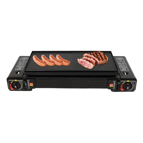 KKVUIIFF - Hornillo de gas portátil de 2 quemadores para camping, con bandeja de barbacoa y maletín de almacenamiento, 63 x 26 x 12 cm para butano o LPG, para camping, viajes, etc