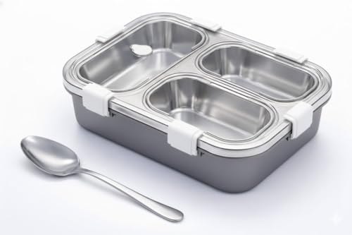 Image of Sanghariyat 3 Compartment Lunch Box Insulated Air Tight and Portable Utensils, Stainless Steel 100% Leak Proof with a Fork, a Spoon and a Pair of Chopsticks for School Kids -750Ml (Silver)