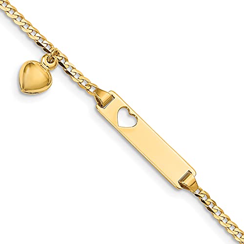 14K Solid Yellow Gold Heart Love Dangling Curb Link Name Bar Identification ID Bracelet