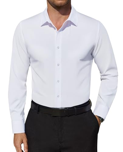 Lion Nardo Mens White Dress Shirt Slim Fit Mens Button Down Shirt Stretch Stain Proof Long Sleeve Wrinkle Free Button Down Shirts Business Casual Shirts Formal Wedding