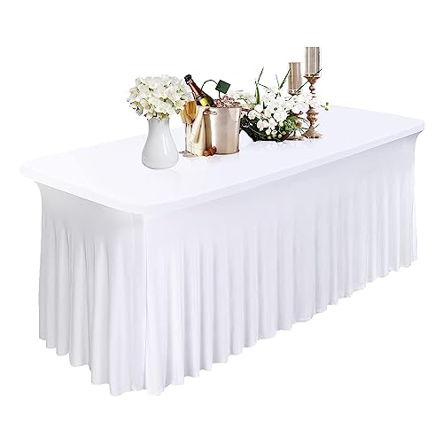 Trimming Shop Nappe rectangulaire Style Jupe en Spandex, Housse de Table élastique Extensible pour Mariage, Banquet, gâteau et Buffet (Blanche, 72 Pouces,...