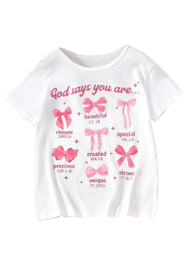 Girl's Bow Shirt Cute Graphic Tees Letter Print Short Sleeve Crew Neck Summer T Shirt