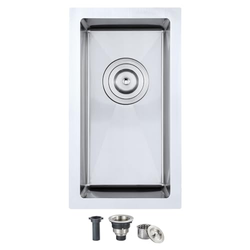 OUGOO 10x18 Inch Undermount Bar Sink, Handmade 304 Stainless Steel Kitchen Sink, Rear-Set Drain, 6