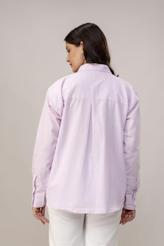 Image of Women's Linen Blend Shirt | Casual Collared Button Down Shirt for Women | Solid Color Full Sleeve Oversized Fit | Summer Casual & Office Wear Top