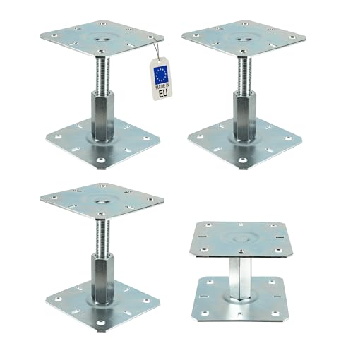 4 embases pied de poteau réglables - Platine 130x130mm - M20 - Acier galvanisé à chaud - Ht100 à 150 mm - Fabrication Européenne