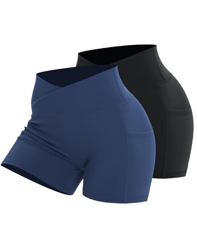 Image of Workout Shorts for Women 2 Pcs Pack Cross Waist Active Gym Spandex Stretchy Yoga Compression with Side Pockets