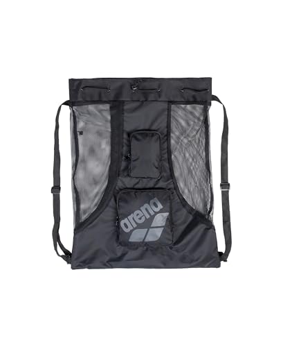 Arena All Set Schwimmsack Netztasche Pool Strand Ausrüstung Kordelzug Umhängetasche für Schwimmzubehör, schnell trocknende Polyester-Ausrüstungstasche für Schwimmteamübungen, Schwarz, 40 Liter