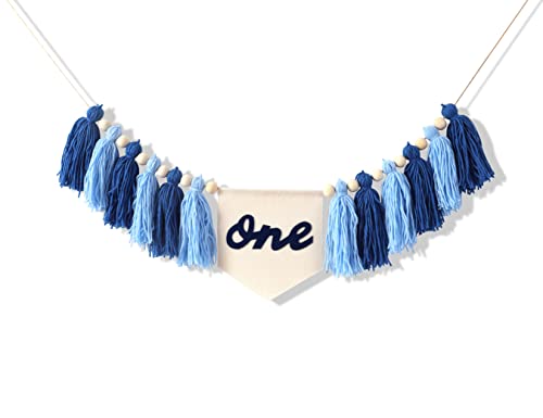 Boho 1st Birthday Decor - Blue High Chair Banner With Boy Tassel Garland