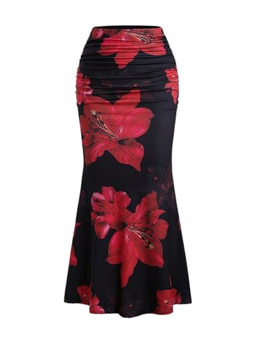 GORGLITTER Women's Floral Skirt High Waisted Ruched Fishtail Bodycon Maxi Long Skirts