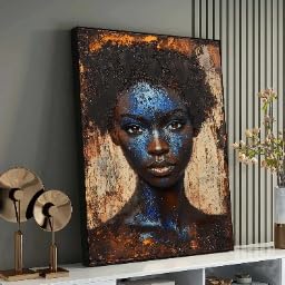 Art bleu et bronze peinture afrocentrique sur toile avec cadre intérieur en bois