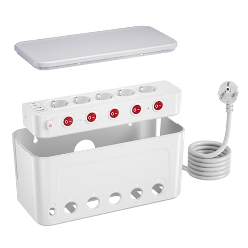 Ciabatta Multipresa USB con Scatola Porta Cavi, Presa Multipla Salvaspazio 5 Prese Schuko con Interruttori Indipendenti,Raccogli Cavi,Organizzatore Nascondi Copri Fili Grande,Cavo 1,5M,Bianco