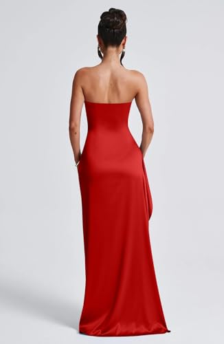 Image of Memoriesea Women's Sexy Strapless Neck Ruched High Slit Cocktail Party Maxi Dress Red