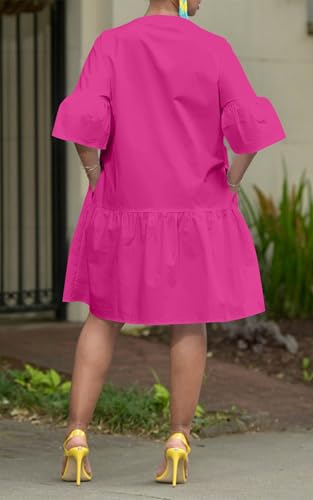 Image of Choichic Button Down Shirt Dresses for Women with Pockets Flare Bell Sleeve A-Line Midi Tunic Dress