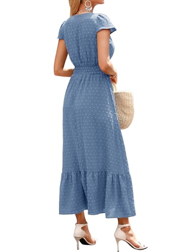 Image of CzzzyL Women Nursing Boho Maxi Dresses Cap Short Sleeve V Neck Swiss Dot High Waisted A-Line Ruffle Tiered with Pockets